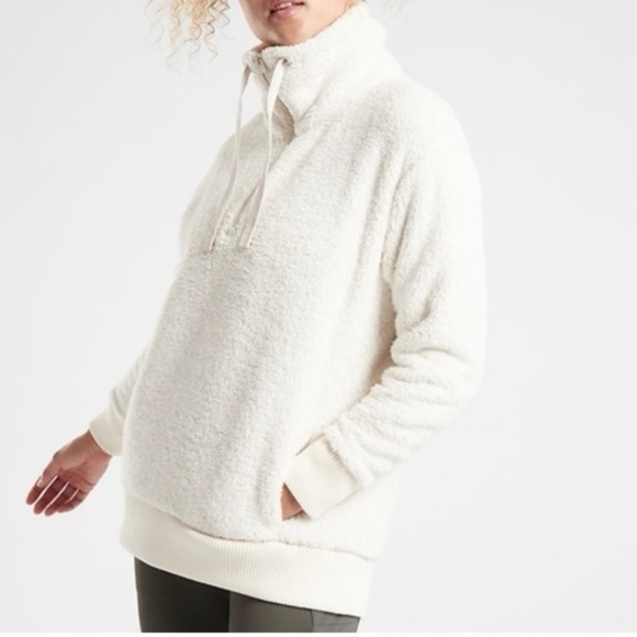 Athleta Talus Sherpa Half Zip Pullover Sweatshirt Teddy Fleece Jacket L Cream 15 - Picture 4 of 13